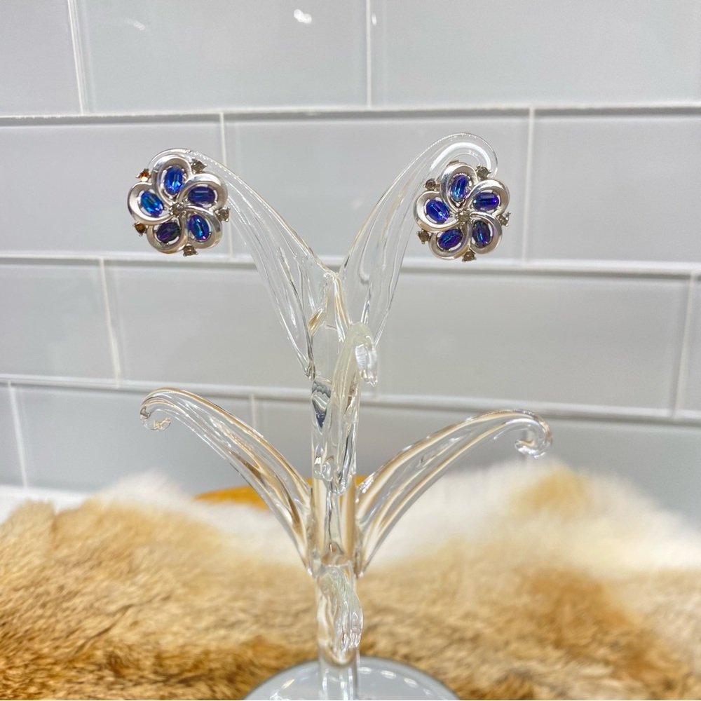 Vintage Trifari Mid Century Modern Blue Aurora Borealis AB Rhinestone Earrings